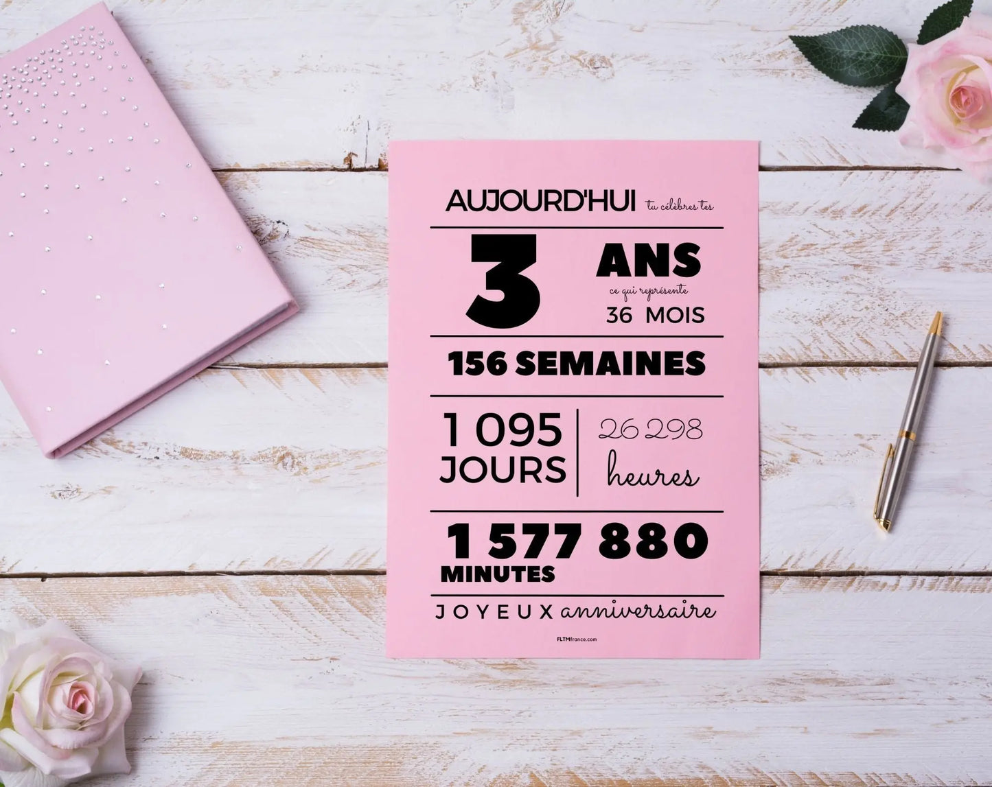 Affiche 3 ans, 36 mois, 156 semaines - Carte anniversaire enfant FLTMfrance