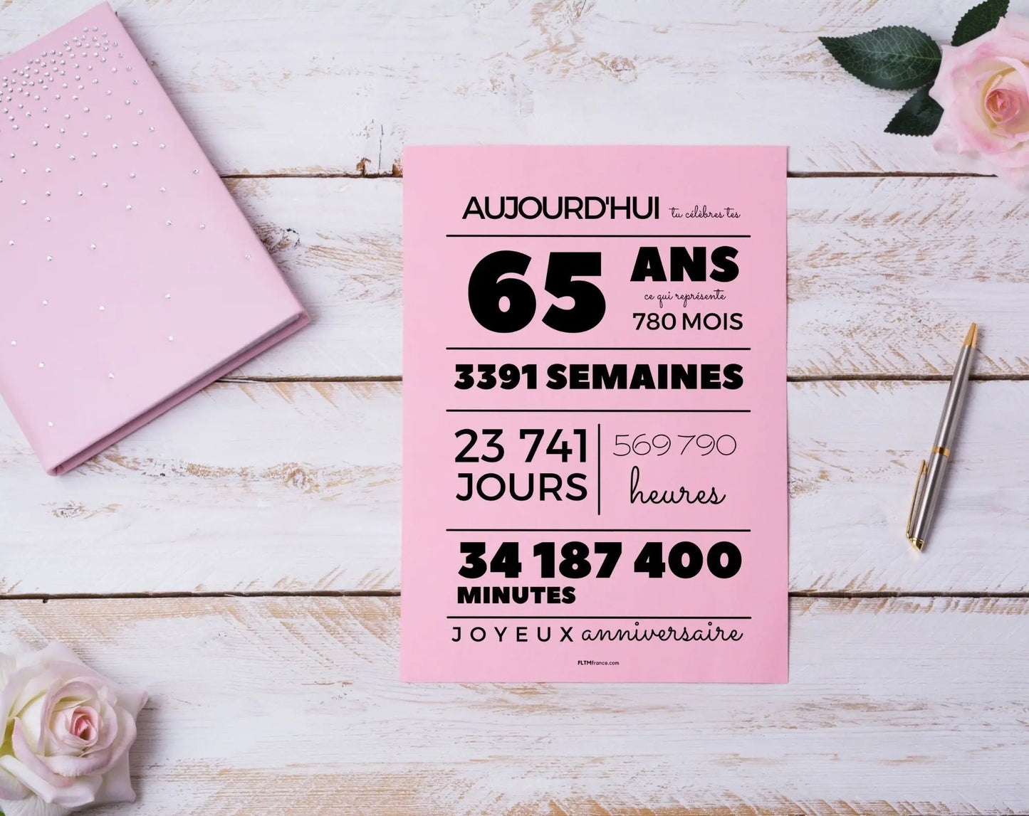 Affiche 65 ans, 780 mois, 3391 semaines - Carte anniversaire FLTMfrance