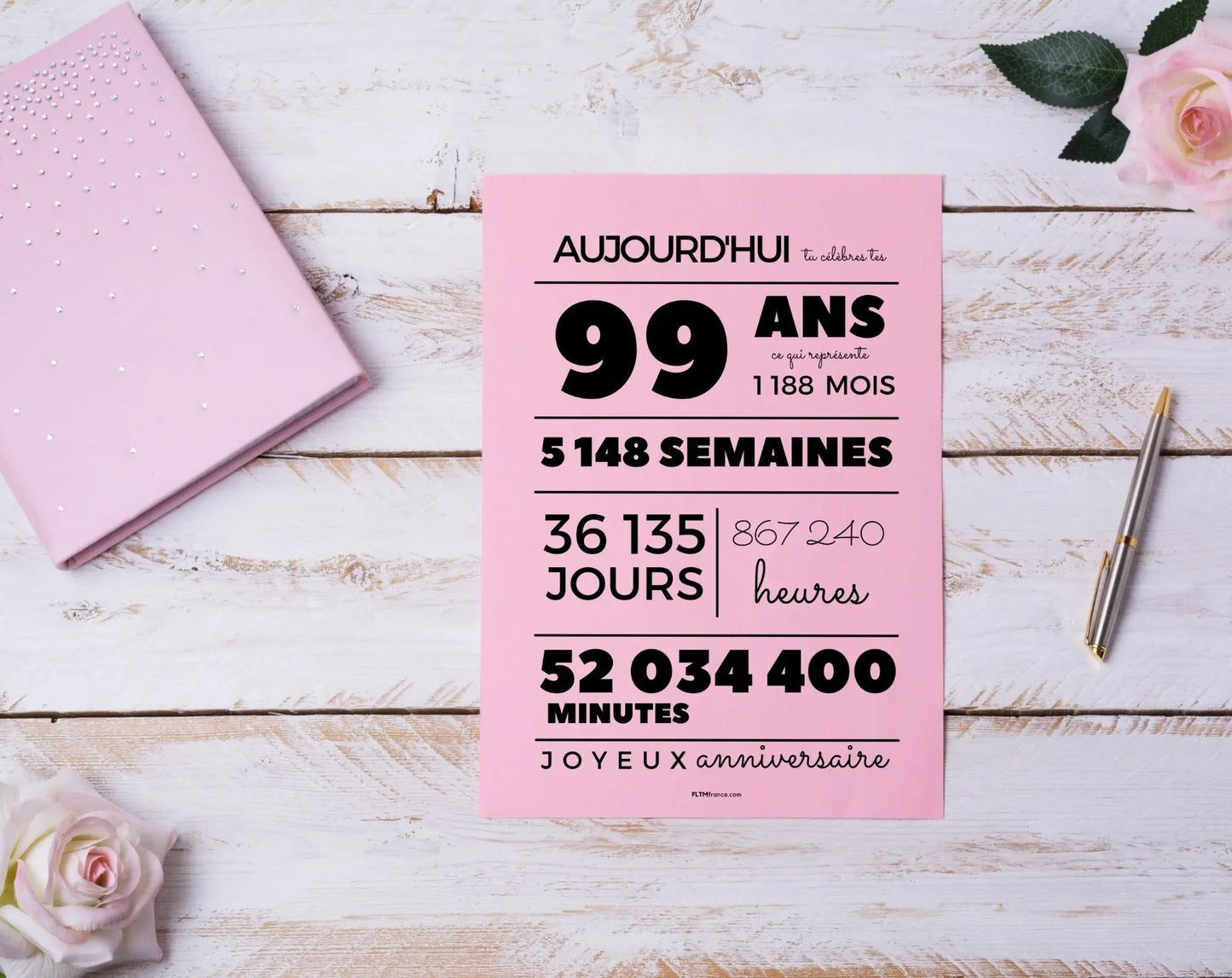 Affiche 99 ans, 1188 mois, 5148 semaines - Carte anniversaire - FLTMfrance
