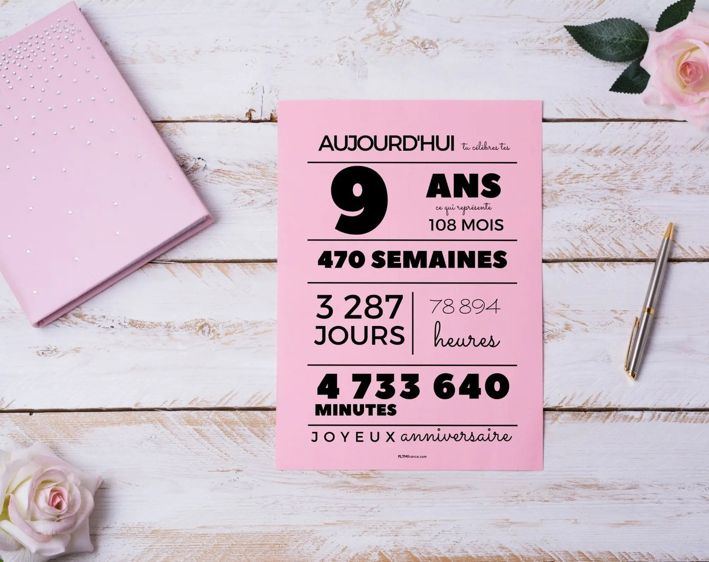Affiche 9 ans, 108 mois, 470 semaines - Carte anniversaire enfant FLTMfrance