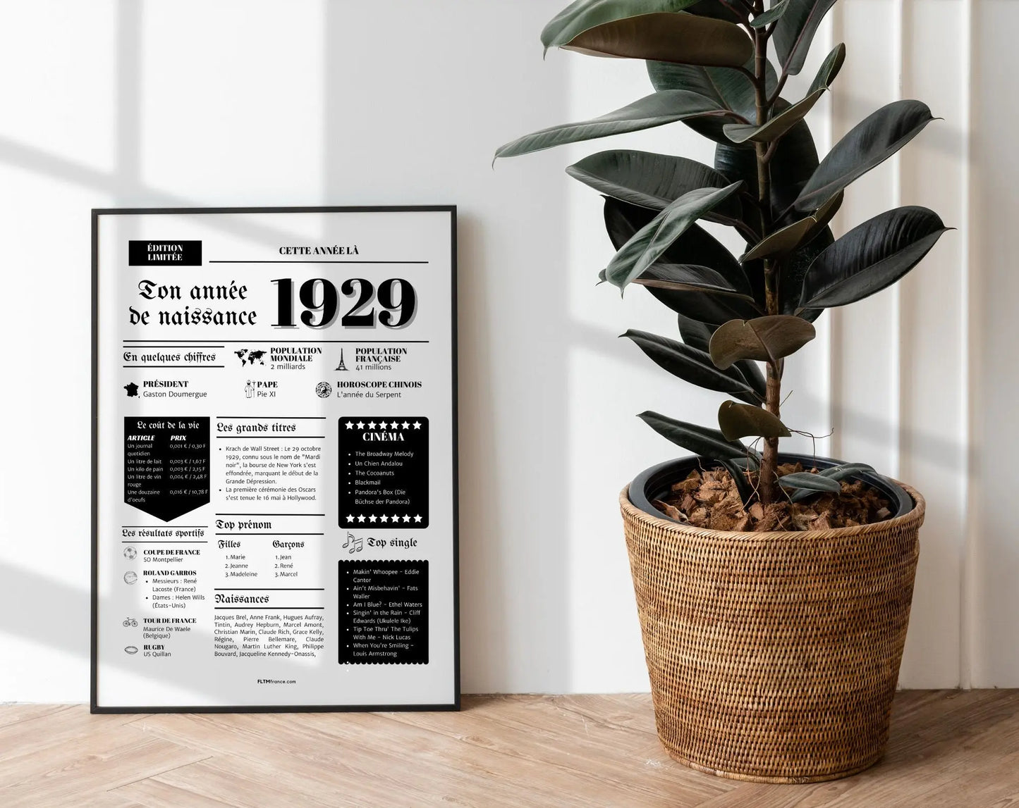 Affiche année de naissance 1929 - Cadeau anniversaire 95 ans FLTMfrance