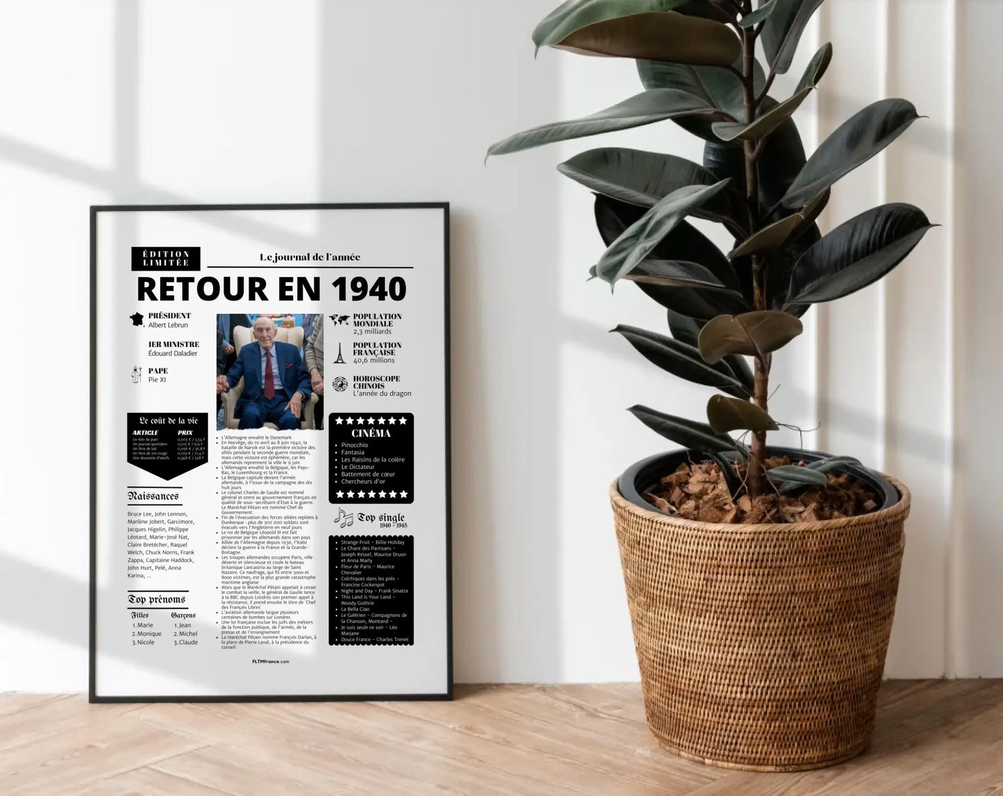 Affiche rétrospective année 1940 - Cadeau personnalisé 85 ans FLTM