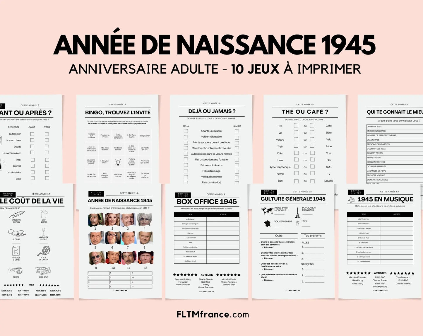 Jeu anniversaire année 1945 - 10 jeux à imprimer pour fêter les 80 ans FLTMfrance