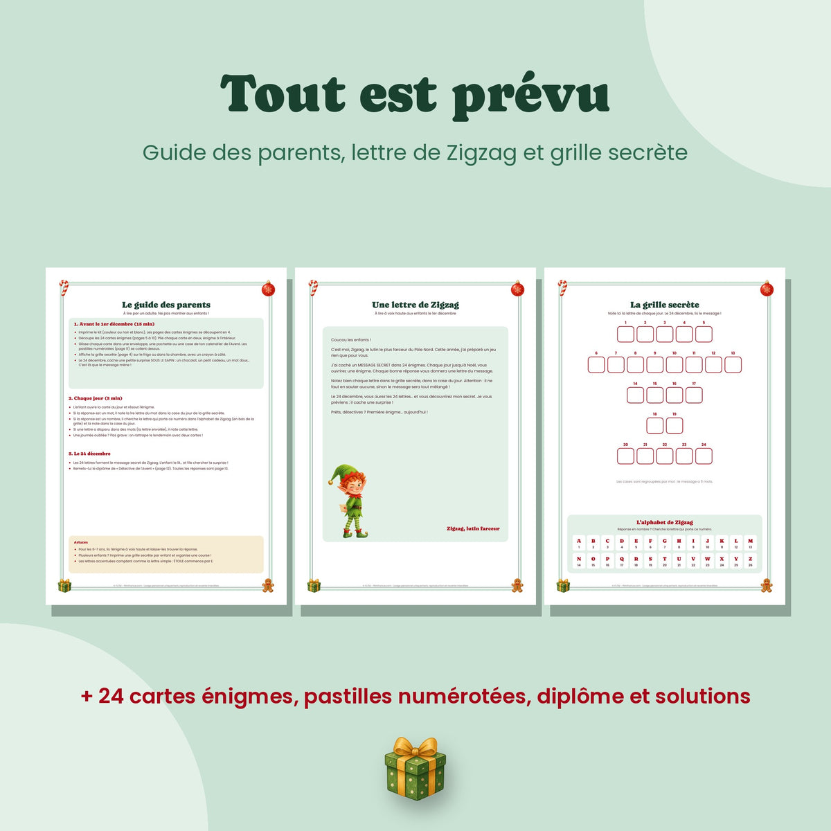 Grille secrète, pastilles numérotées et diplôme du calendrier de l'Avent