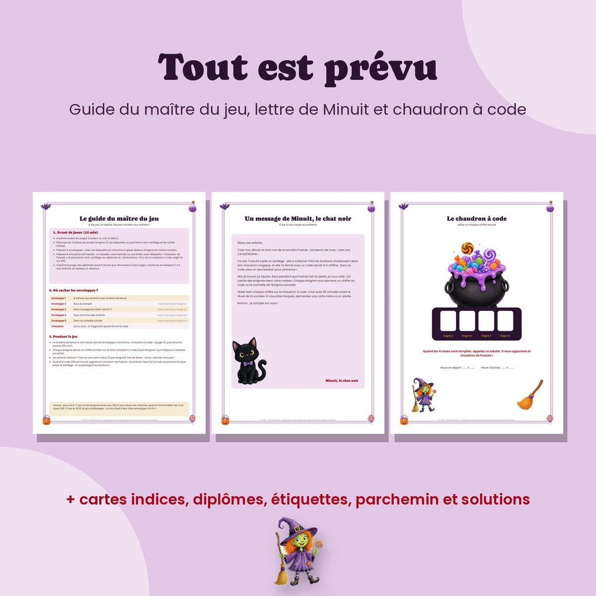 Guide du maître du jeu, chaudron à code et cartes indices