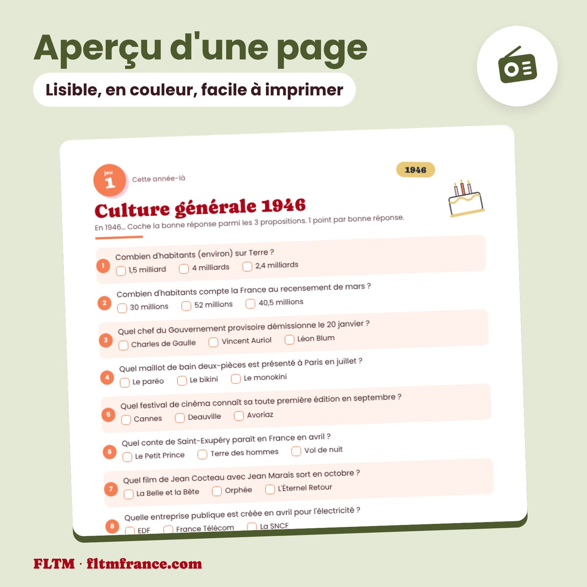 Jeu anniversaire 80 ans : aperçu d'une page