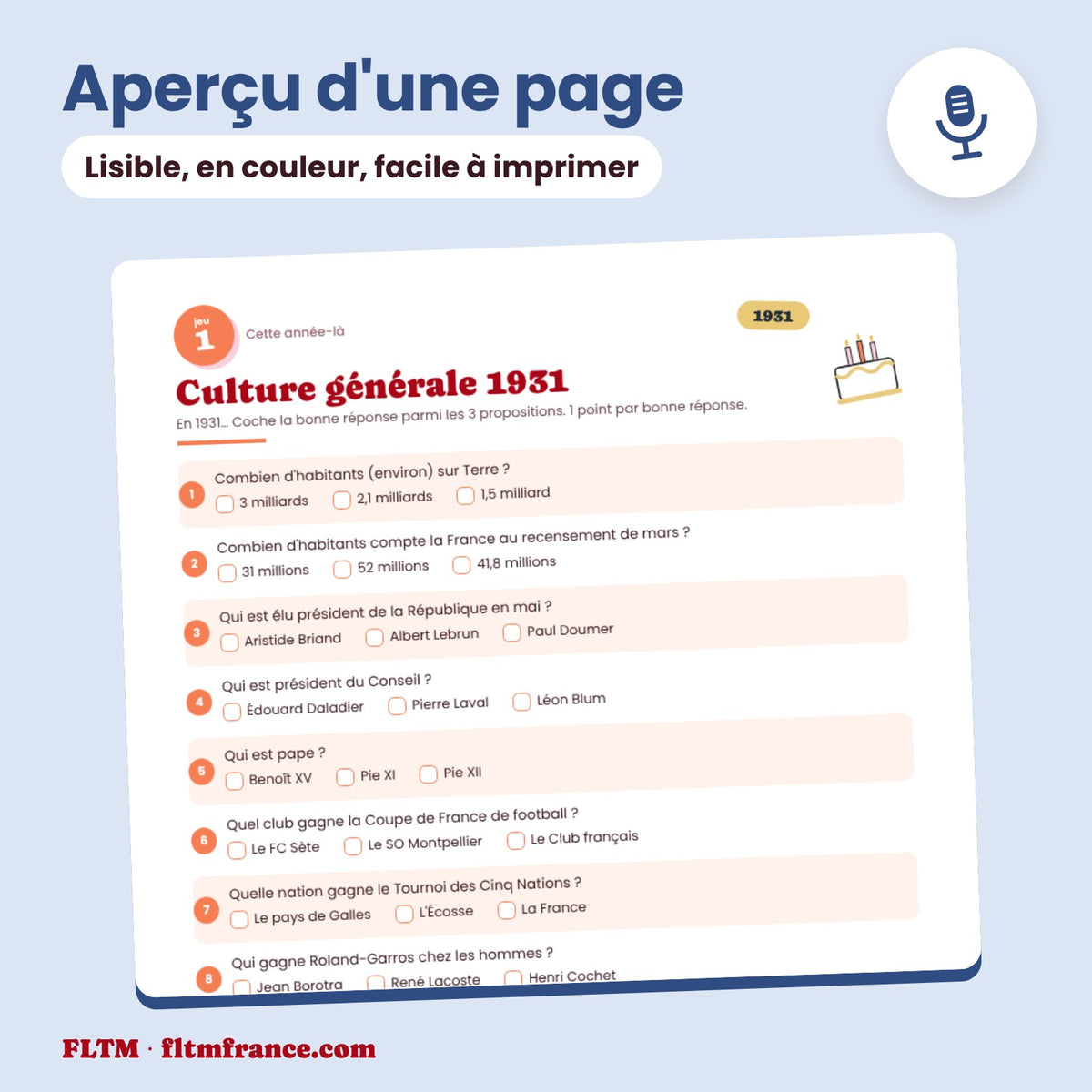 Jeu anniversaire année 1931 : aperçu d'une page