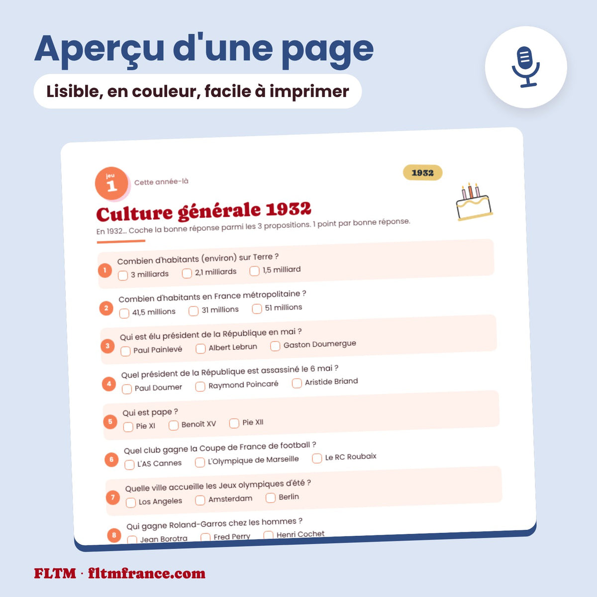 Jeu anniversaire année 1932 : aperçu d'une page