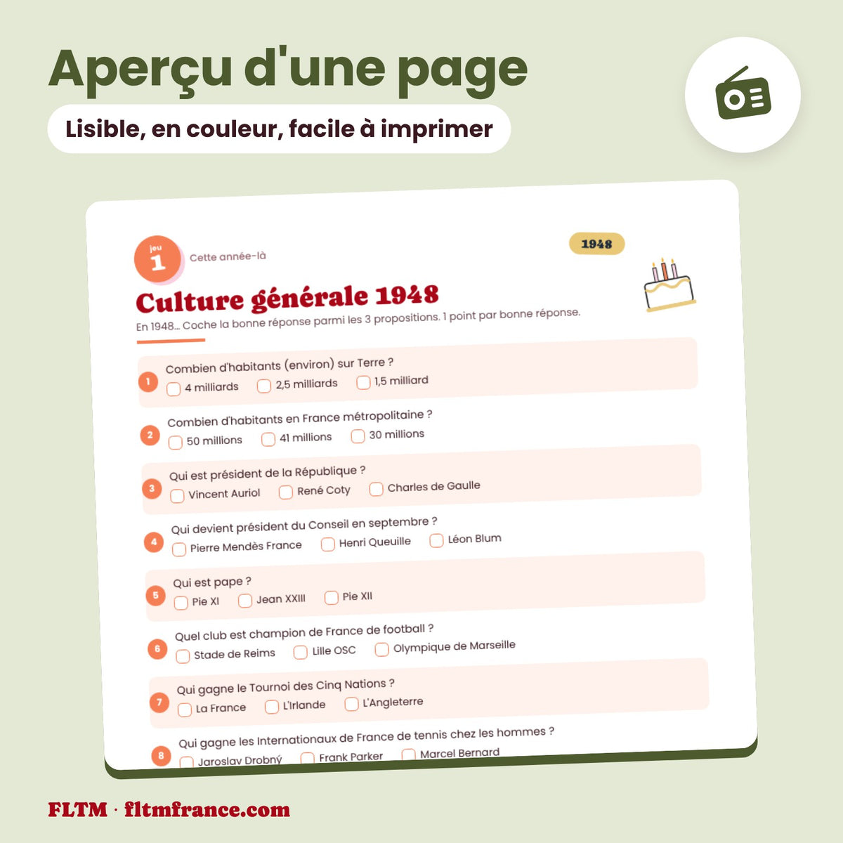 Jeu anniversaire année 1948 : aperçu d'une page