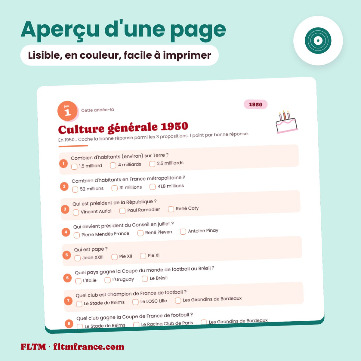 Jeu anniversaire année 1950 : aperçu d'une page
