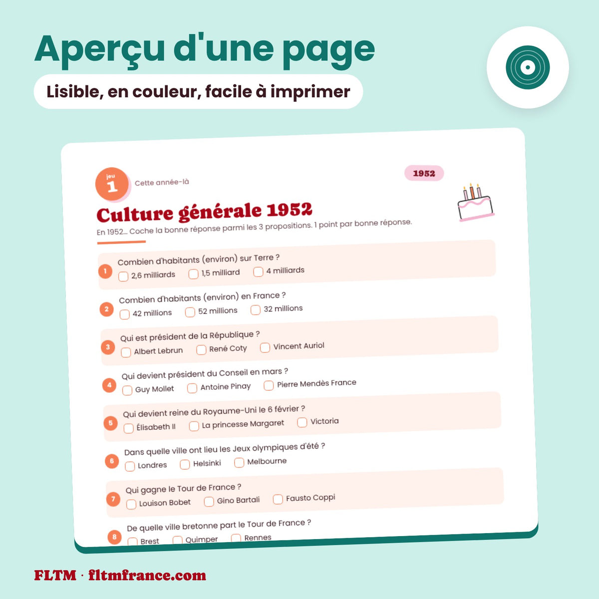 Jeu anniversaire année 1952 : aperçu d'une page