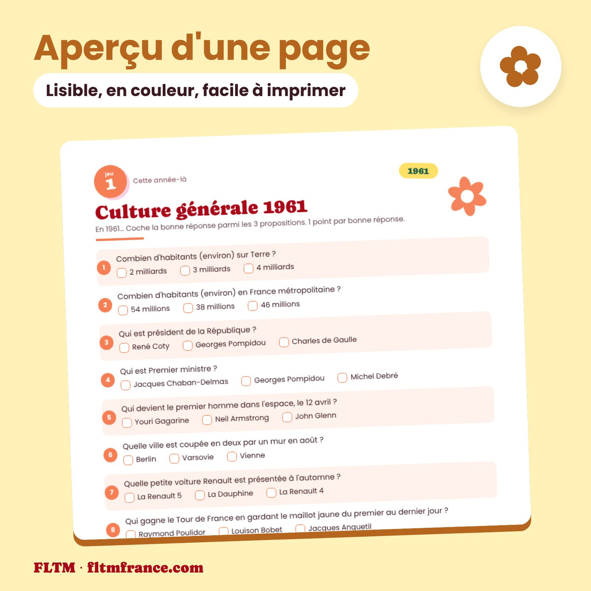 Jeu anniversaire année 1961 : aperçu d'une page