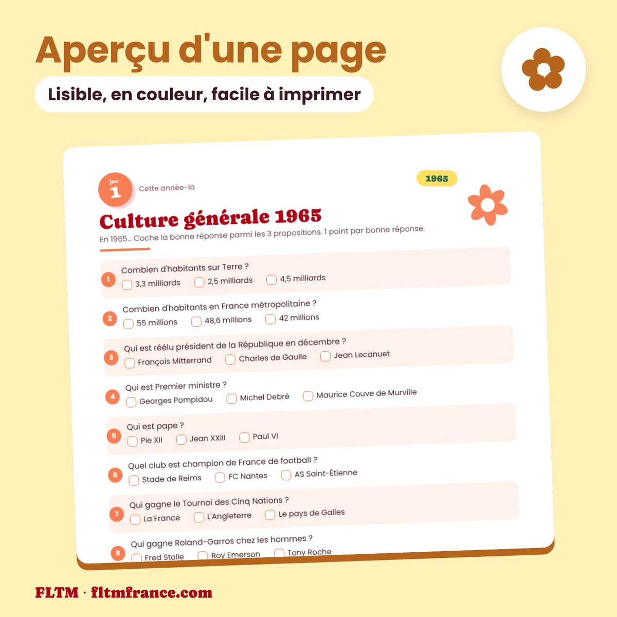 Jeu anniversaire année 1965 : aperçu d'une page