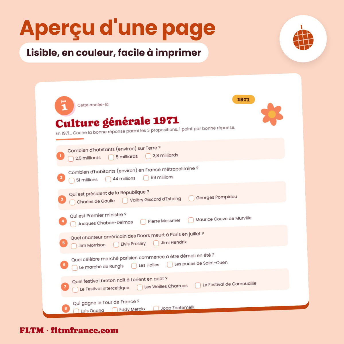Jeu anniversaire année 1971 : aperçu d'une page