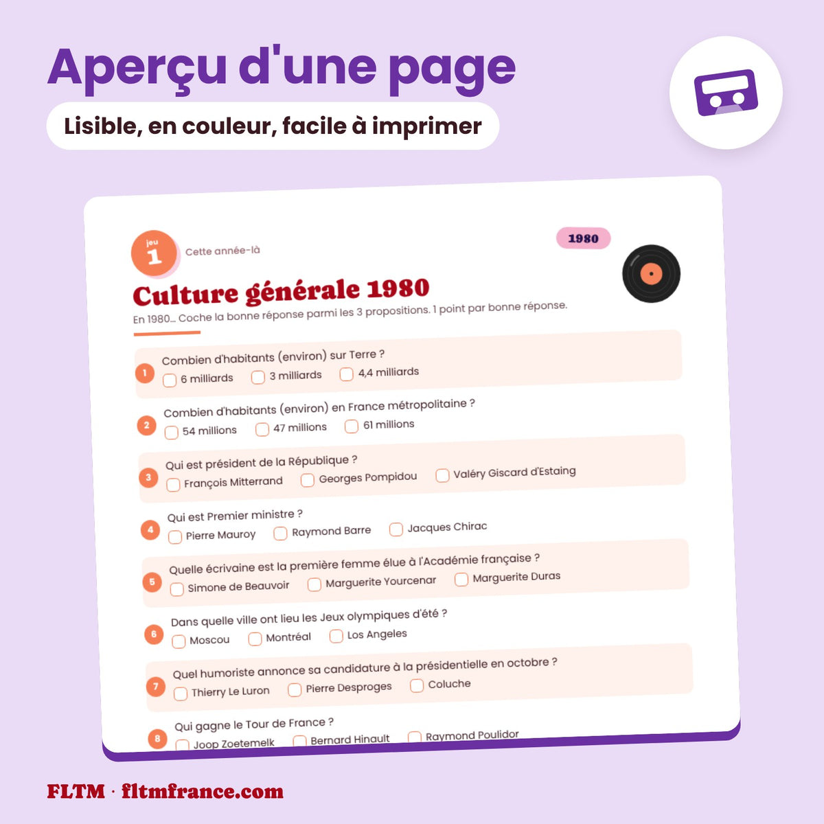 Jeu anniversaire année 1980 : aperçu d'une page
