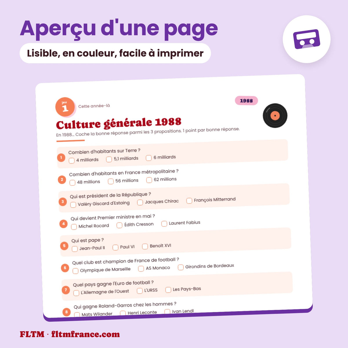 Jeu anniversaire année 1988 : aperçu d'une page