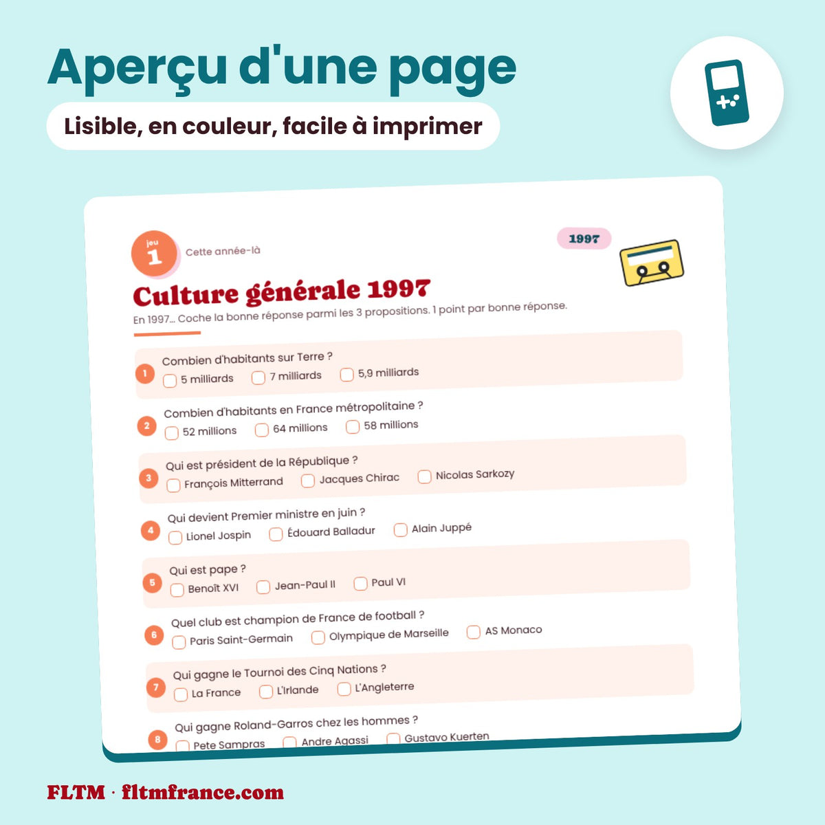Jeu anniversaire année 1997 : aperçu d'une page