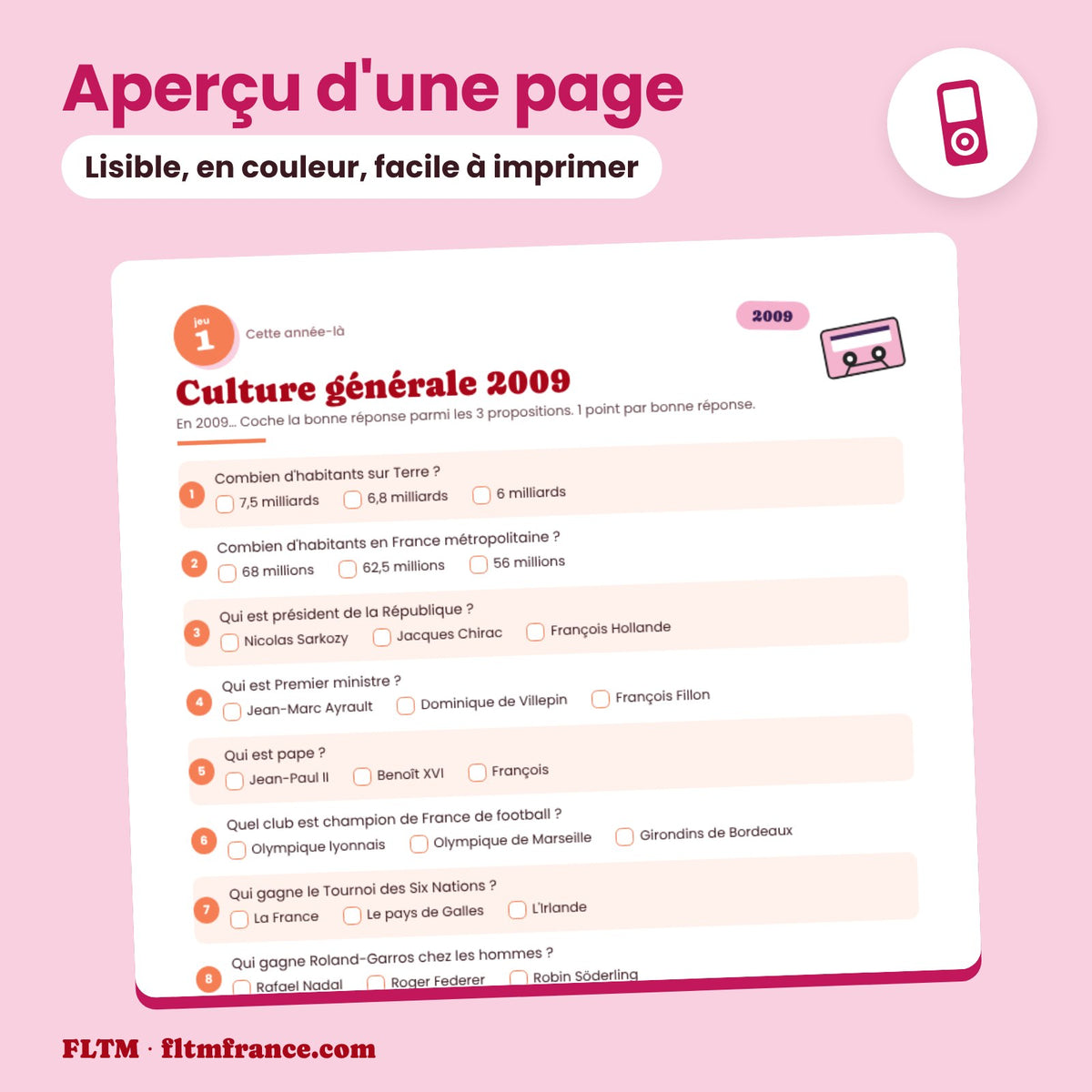 Jeu anniversaire année 2009 : aperçu d'une page