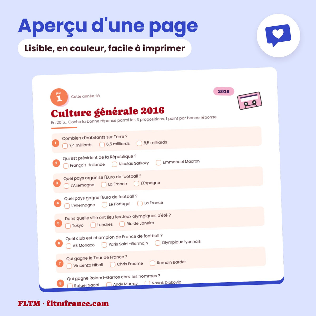 Jeu anniversaire année 2016 : aperçu d'une page