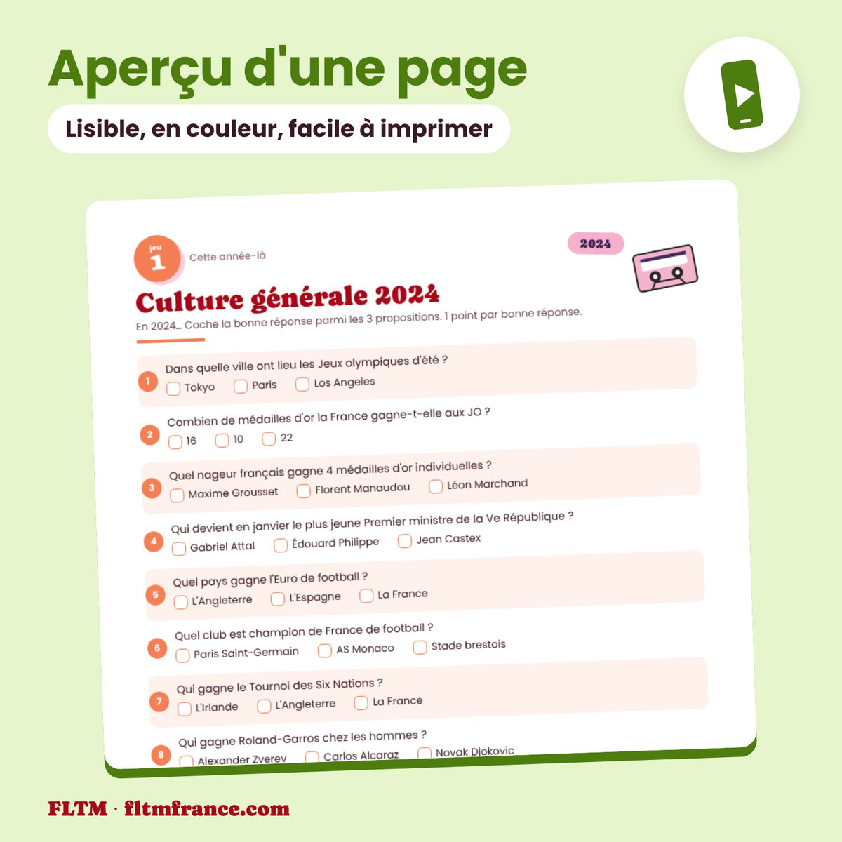 Jeu anniversaire année 2024 : aperçu d'une page