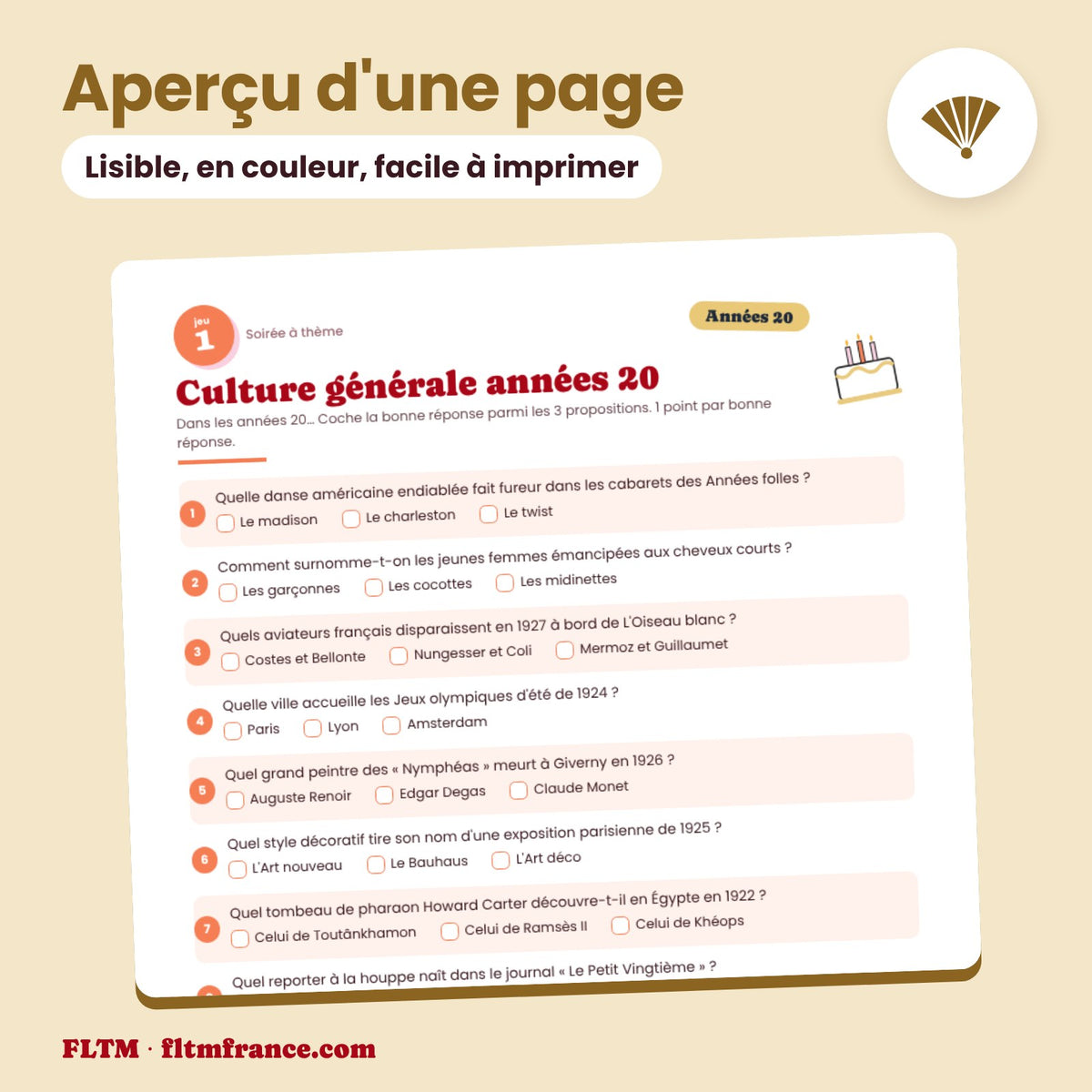Jeu anniversaire thème années 20 à imprimer : aperçu d'une page
