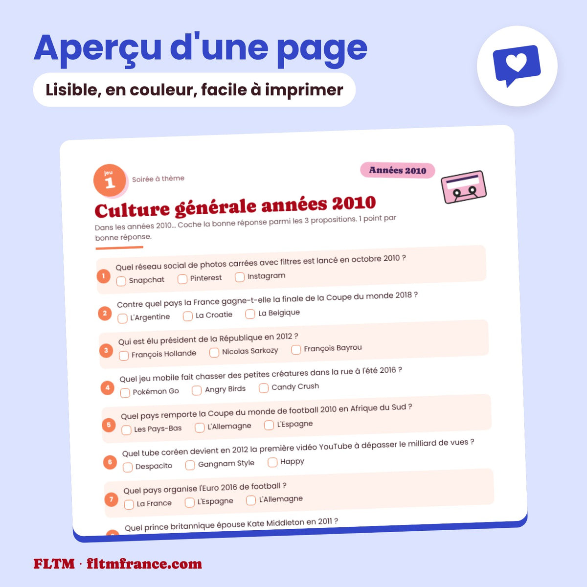 Jeu anniversaire thème années 2010 à imprimer : aperçu d'une page