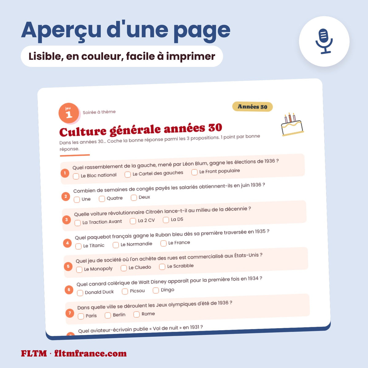 Jeu anniversaire thème années 30 à imprimer : aperçu d'une page