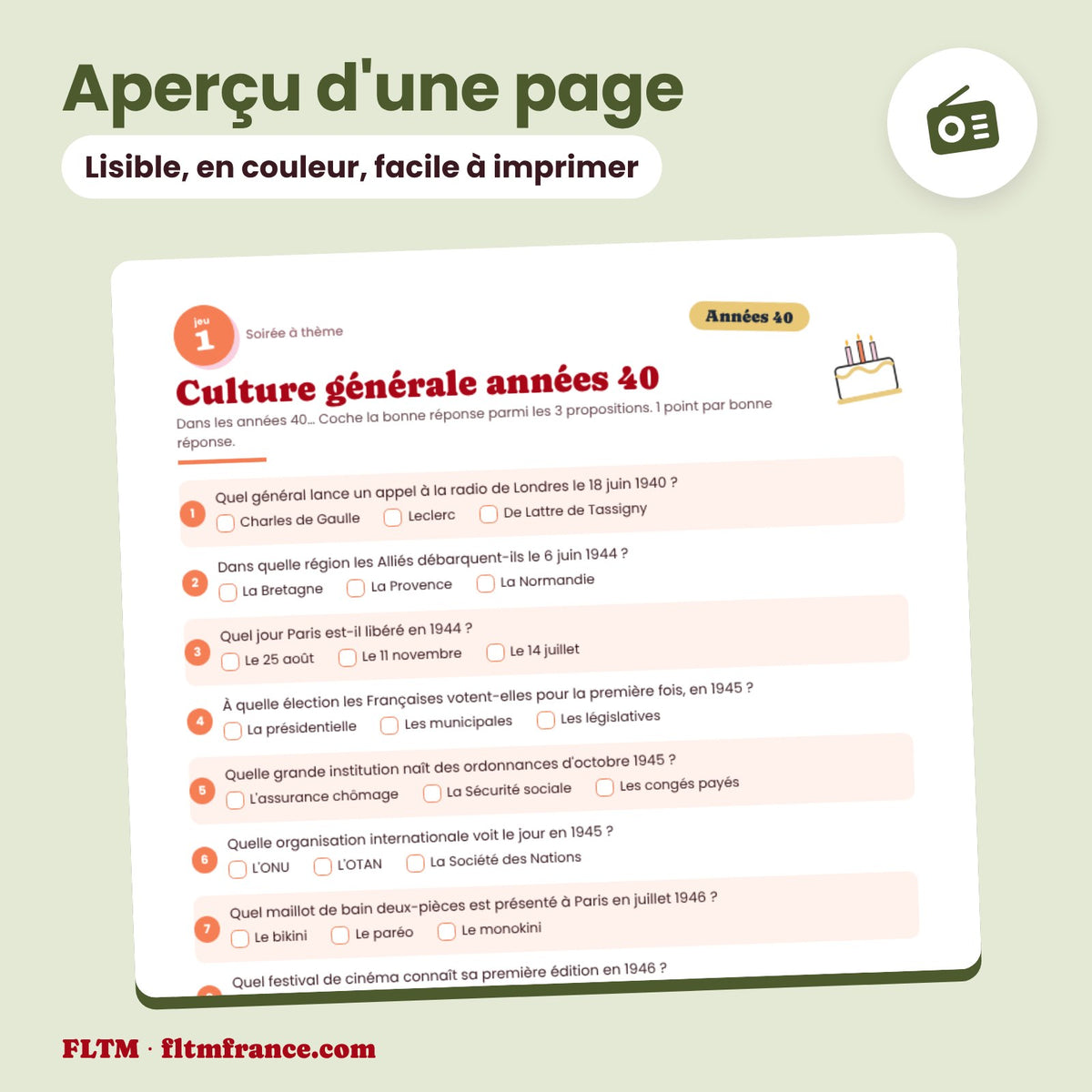 Jeu anniversaire thème années 40 à imprimer : aperçu d'une page
