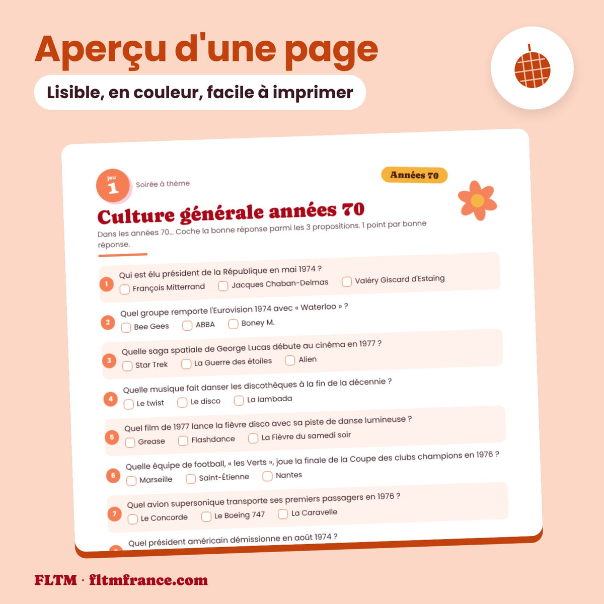 Jeu anniversaire thème années 70 à imprimer : aperçu d'une page
