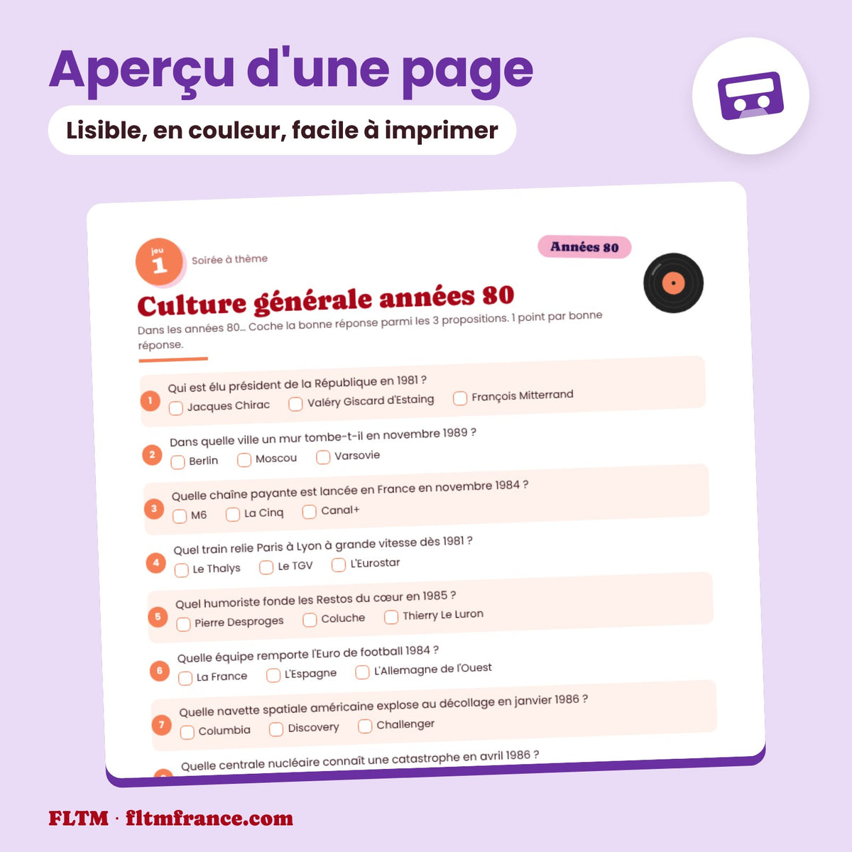 Jeu anniversaire thème années 80 à imprimer : aperçu d'une page