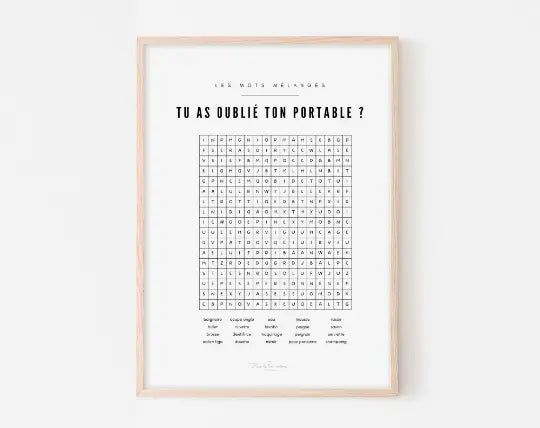 2 affiches Tu as oublié ton portable ? Les mots mélangés et le labyrinthe - Affiche toilette FLTMfrance