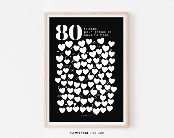 Affiche fond noir 80 raisons pour lesquelles nous t'aimons - 80 ans