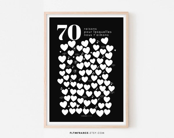 Affiche fond noir 70 raisons pour lesquelles nous t'aimons