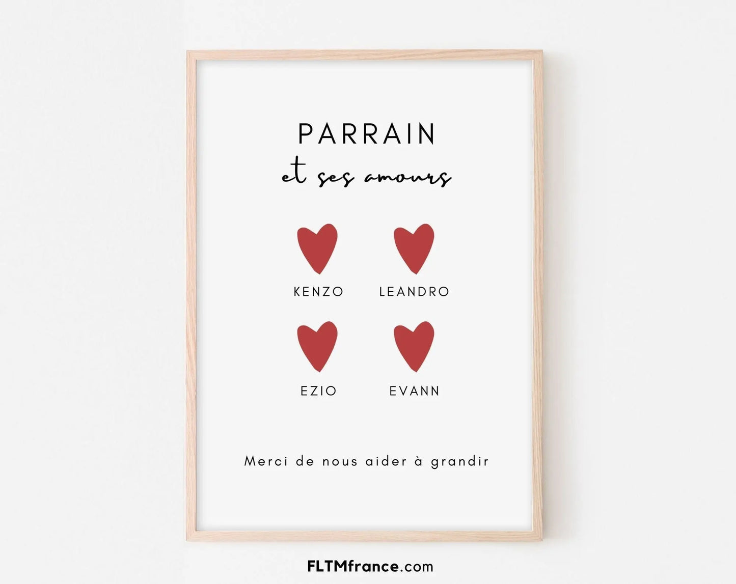 Parrain avec le ou les prénoms de ses filleuls Affiche personnalisée - Décoration murale pour les parrain - Idée cadeau original à imprimer FLTMfrance