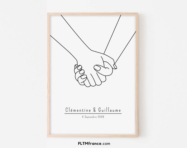 Affiche couple personnalisée avec prénoms - Dessin minimaliste main dans la main