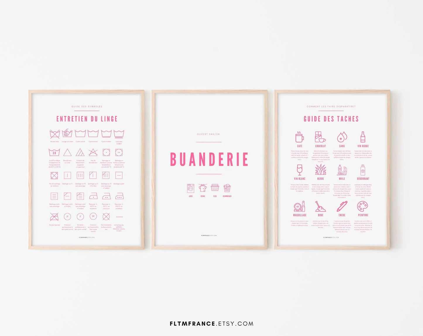 3 affiches rose Buanderie, Entretien du linge et Guide des taches FLTMfrance