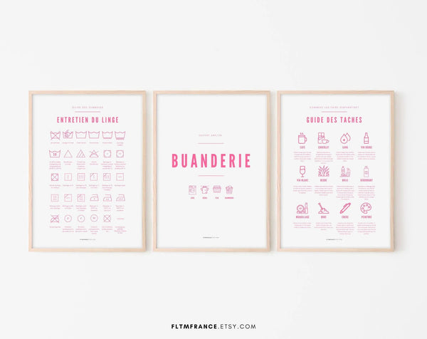 3 affiches rose Buanderie, Entretien du linge et Guide des taches