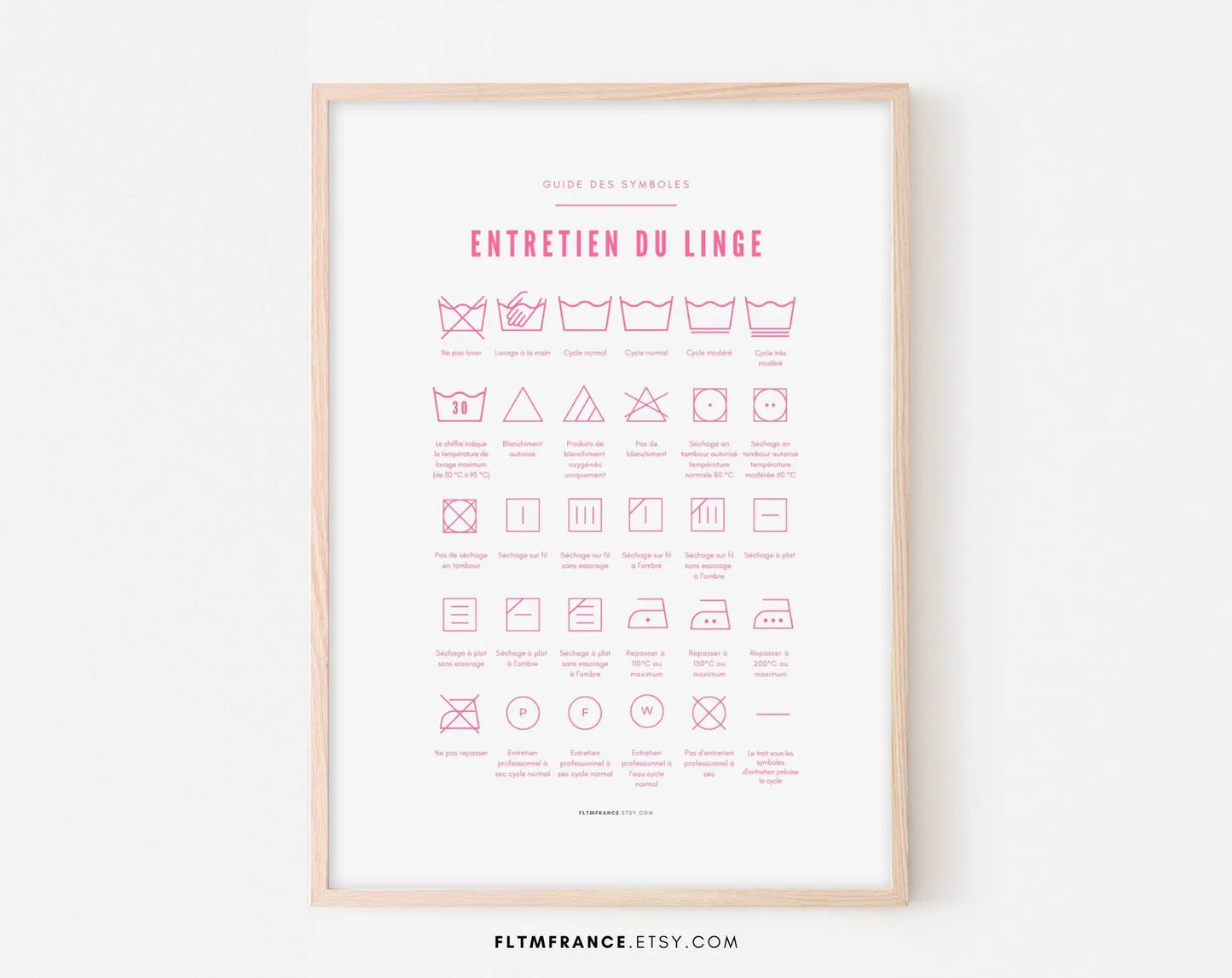 Affiche Entretien du linge coloris rose - Poster de buanderie guide des symboles - Affiche à imprimer - Décoration murale FLTMfrance
