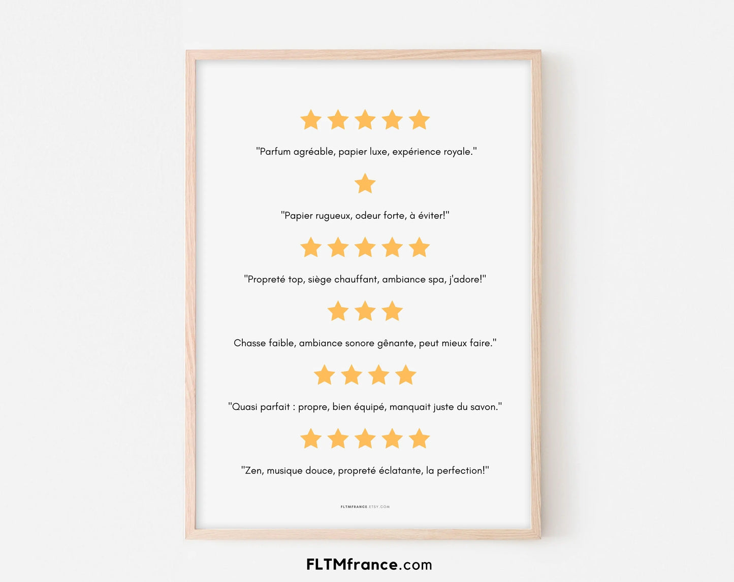 Affiche des notes aux toilettes - Poster minimaliste WC et salle de bain à imprimer - Affiche humour WC - Affiche évaluation notes étoiles FLTMfrance