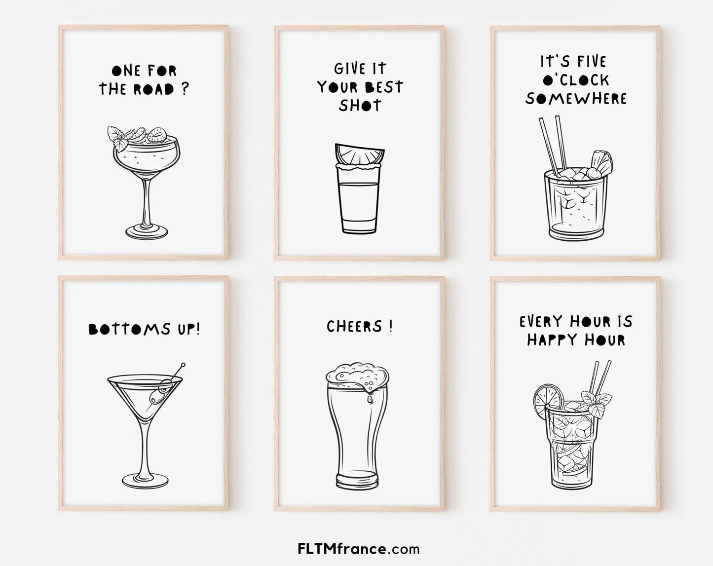 Affiche d'art de bar - Poster d'alcool - Impression moderne des cocktails et boissons - Lot de 6 art mural tendance - Poster à imprimer FLTMfrance