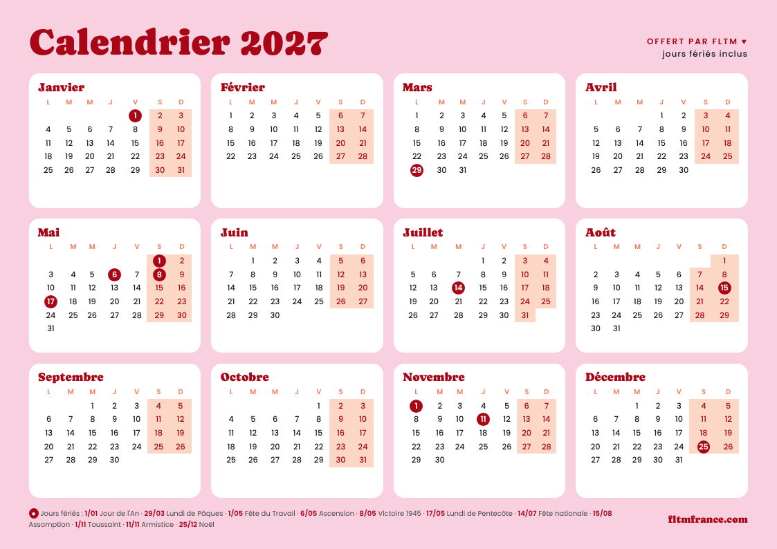 Calendrier 2027 à imprimer gratuit avec jours fériés - FLTM