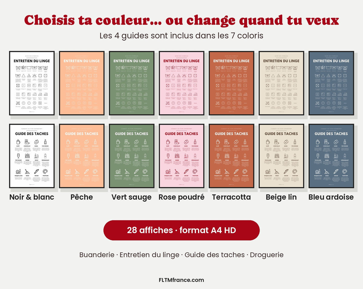 Affiche des symboles d'entretien du linge en 7 coloris