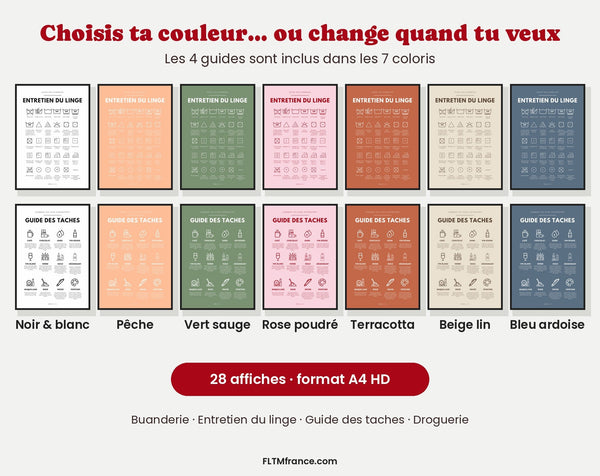 Affiche des symboles d'entretien du linge en 7 coloris