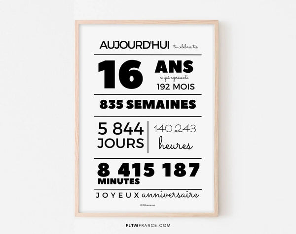 Affiche 16 ans, 192 mois, 835 semaines - Carte anniversaire