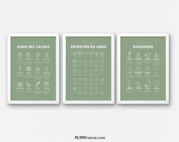 Affiches vertes guide des taches, droguerie et entretien du linge