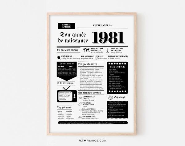 Affiche année de naissance 1981 - Cadeau anniversaire 45 ans