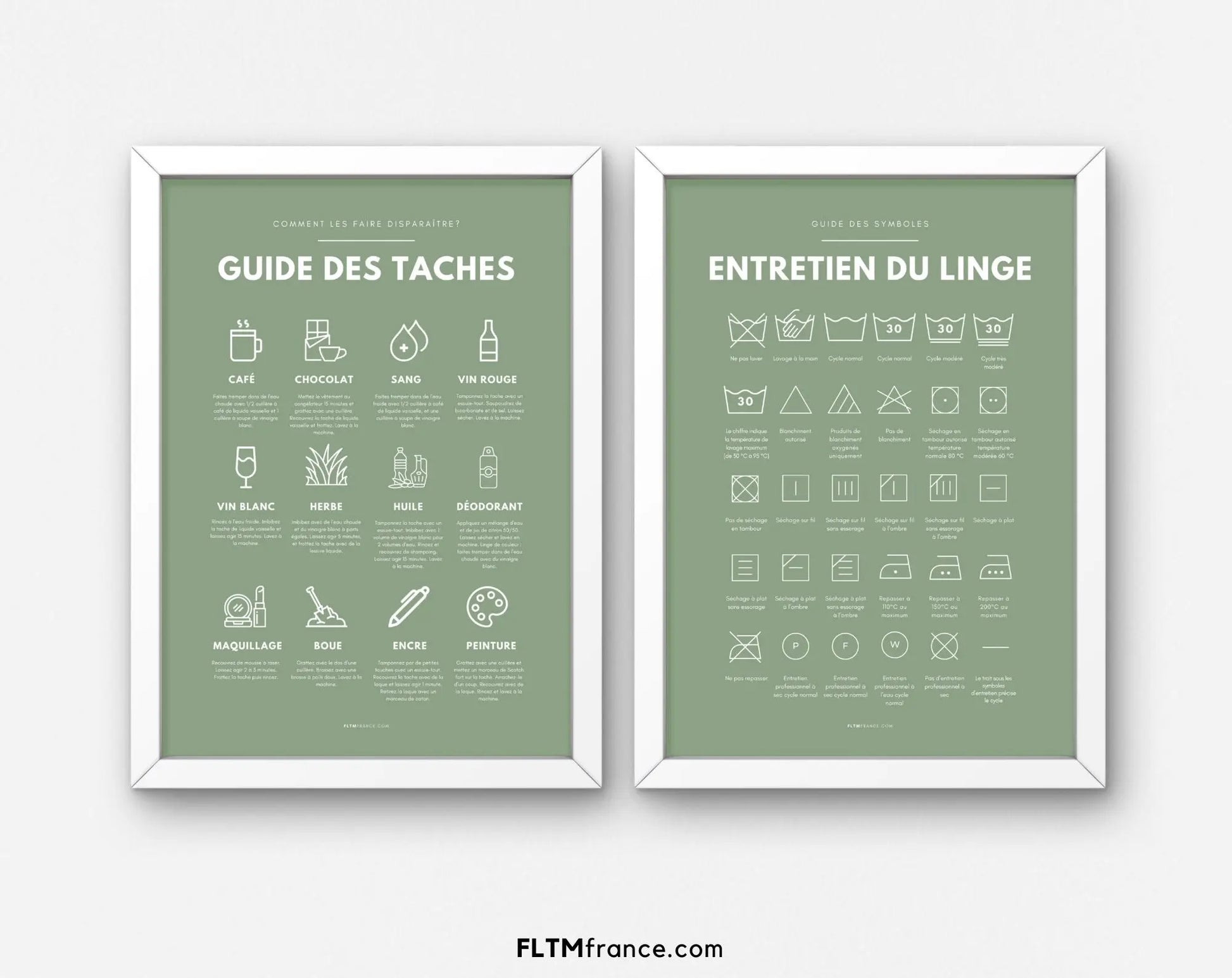 3 affiches coloris verts Guide des taches, droguerie et entretien du linge FLTMfrance