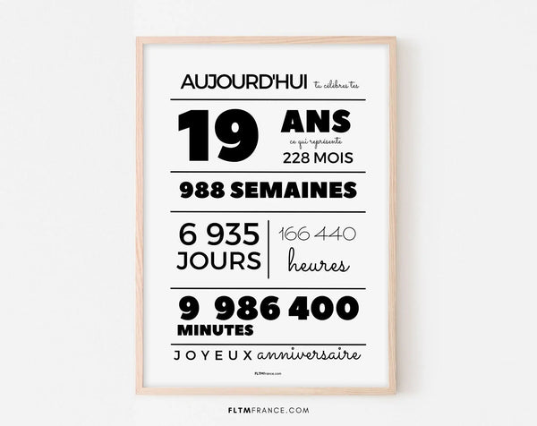 Affiche 19 ans, 228 mois, 988 semaines - Carte anniversaire