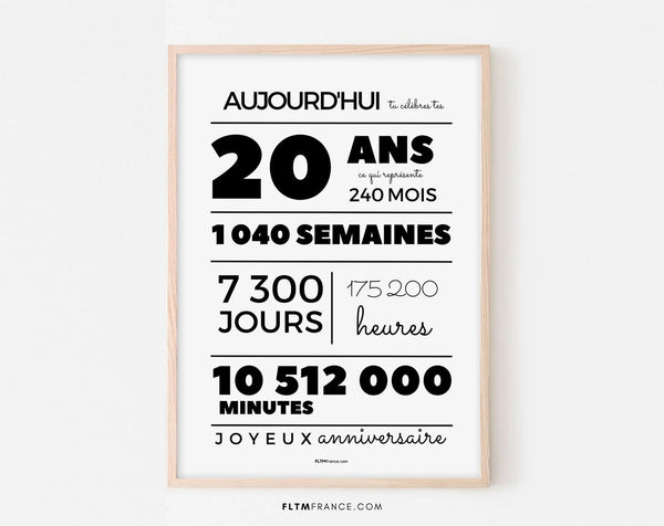 Affiche 20 ans, 240 mois, 1040 semaines - Anniversaire 20 ans