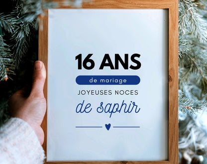 16 ans de mariage Affiche Noces de saphir - Cadeau anniversaire de mariage - FLTMfrance